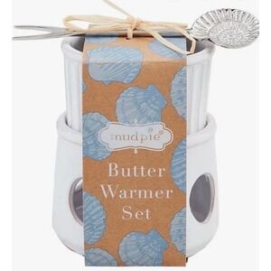 Mud Pie Butter Warmer Set White Butter Dish Tealight Base & Spreader Knife
